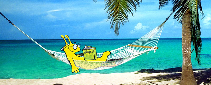 Sammy the Slug reading in a hammock at the beach