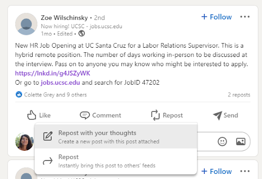 Repost function on LinkedIn