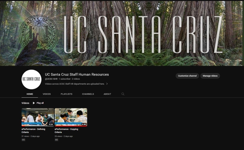 UC SHR YouTube page with the UCSC Logo on a forest banner