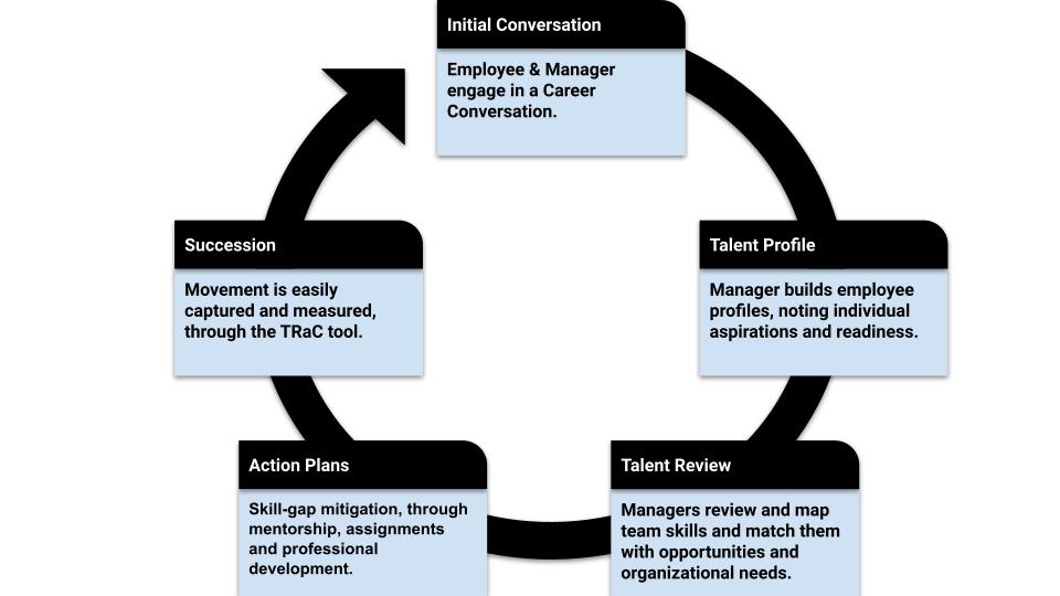 process includes: Initial Conversation, Talent Profile, Talent Review, Action Plans & Successtion
